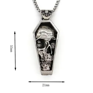 Collier pendentif cercueil punk argenté vintage avec relief de crâne et dimensions
