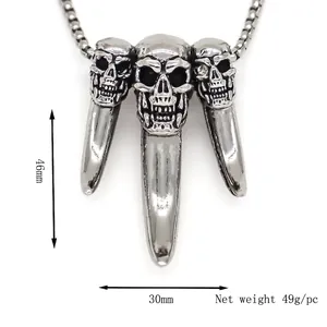 Retro gothic triple skull pendant necklace with long claws on a chunky steel chain link