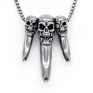 Punk style triple skull claw pendant necklace in silver stainless steel finish