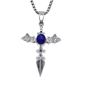 Gothic silver cross necklace featuring bat wings and a deep blue oval gemstone pendant