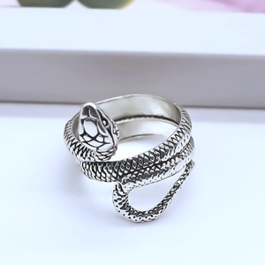 Macro shot of retro silver snake ring showing detailed scales and vintage texture