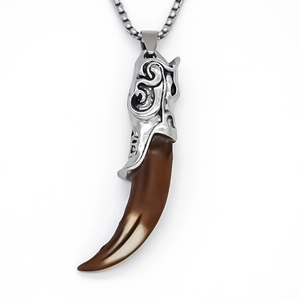 Vintage wolf tooth pendant necklace with silver engraved metal cap and bead chain