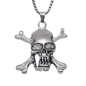 Gothic skull and crossbones pendant necklace with silver box chain in punk style