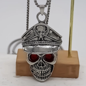 Punk style silver skull pendant with military cap and red eyes on steel chain necklace