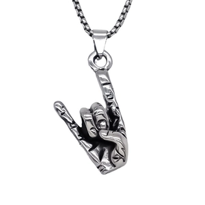 Retro rock hand gesture pendant on a stainless steel box chain for men and women
