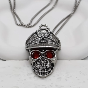 Vintage punk vampire skull necklace with military cap and red crystal eyes detail