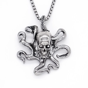Vintage Cthulhu skull octopus pendant necklace with punk style silver chain for men and women