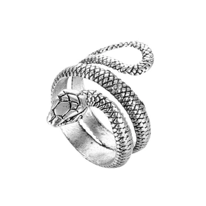 Adjustable silver vintage snake ring with detailed scale texture and wrap-around design