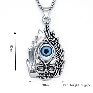 Vintage flaming skull pendant with blue evil eye eyeball and retro silver finish