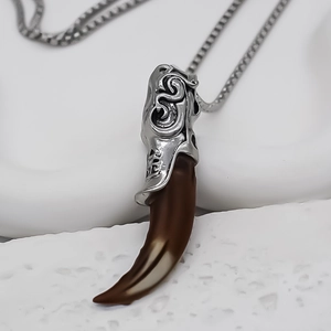 Vintage wolf tooth pendant necklace in antique silver finish with stainless steel chain