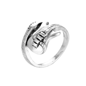 Retro vintage guitar shaped open ring with rustic silver finish in rock style