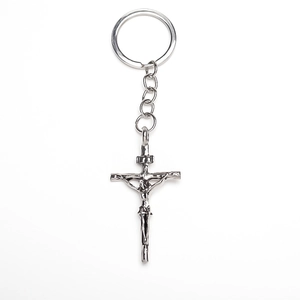 Polished silver alloy crucifix pendant keychain with classic cross design and chain