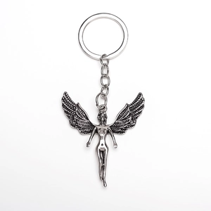 Silver alloy angel wing keychain pendant with retro metal texture and sturdy ring