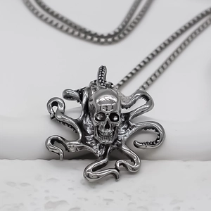 Retro Cthulhu octopus skull pendant necklace with intricate tentacle details and chain
