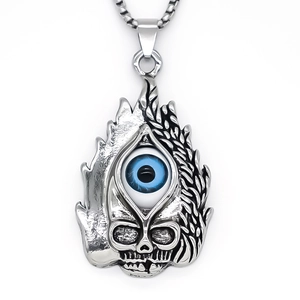 Vintage silver skull pendant with blue evil eye and flame carving on chain necklace
