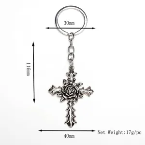 Gothic silver rose cross keychain with size measurements and product weight details