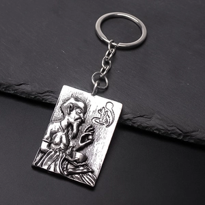 Retro Alloy Zen Style Keychain Square Plate Pendant With Embossed Buddha Figure For Men Women Vintage Bag Accessories Jewelry Keyring