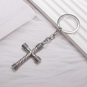 Retro silver 3D cross keychain with knotted texture for car keys and fashion bags