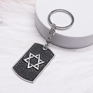 Hip hop military tag keychain with silver hexagram star pendant on faux fur background