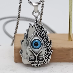Gothic punk silver skull necklace with blue eye ball pendant and durable square bead chain