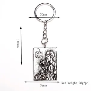 Retro vintage metal rectangular keychain with Zen Daoist elder embossed carving