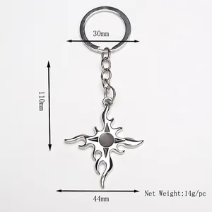 Vintage flame cross keychain with silver metal alloy star pendant and black accent center