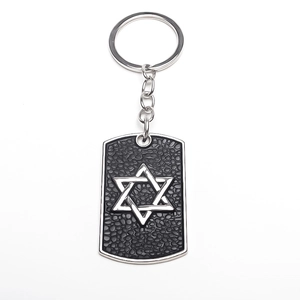 Detailed close-up of retro silver Star of David keychain with black pebble texture