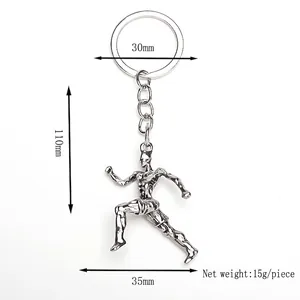 Silver athletic running man keychain with muscle details and dimensions shown on white background