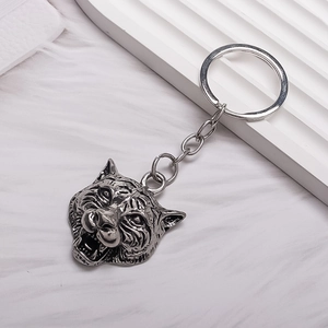 Vintage silver tiger head keychain with geometric ring for men's bags and keys