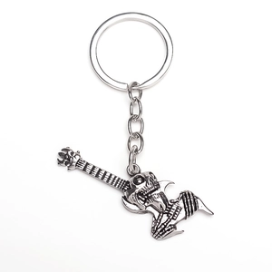 Macro detail of retro skull guitar keychain with oxidized silver punk finish texture