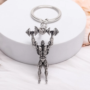 Silver alloy barbell weightlifter keychain with vintage finish for fitness enthusiasts