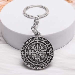 Silver vintage Viking keychain with Rune alphabet and Vegvisir compass symbol pendant