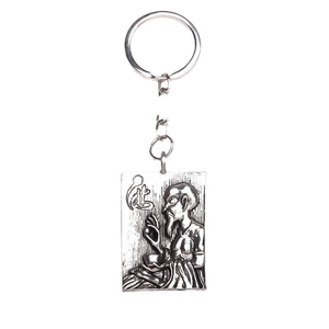 Vintage Zen style square metal keychain with Buddhist figure relief and silver finish