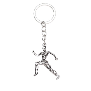 Silver athletic alloy keychain featuring a running male athlete silhouette on white background