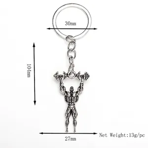 Fitness keychain with weightlifter pendant in vintage silver alloy finish