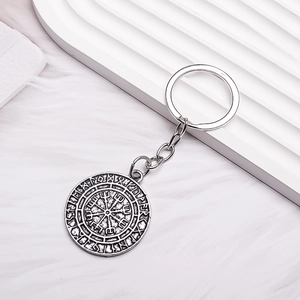 Nordic Viking Vegvisir compass keychain with ancient runes on retro silver alloy pendant