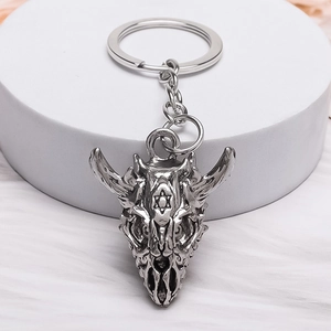 Vintage retro bull skull keychain with hexagram carving in antique silver finish