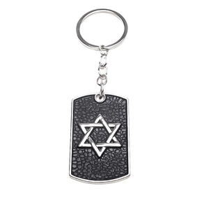 Hip hop style dog tag keychain with hexagram star pendant and black leather texture
