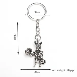 Porte-clés bouledogue fitness argenté vintage avec pendentif chien musclé haltère