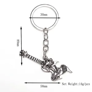 Gothic skull guitar keychain in vintage silver finish with precise dimensions