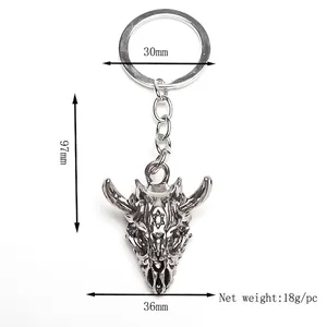 Retro bull skull keychain in vintage silver alloy with hexagram star punk design