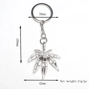 Retro maple leaf keychain in silver alloy with hip-hop style and 109mm total length