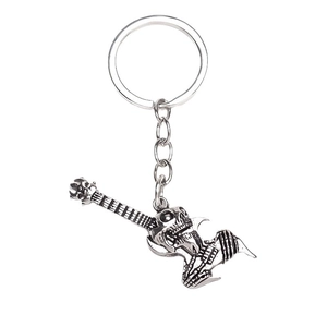Retro gothic skull guitar keychain in silver alloy for rock music enthusiasts