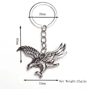 Antique silver eagle keychain with spread wings, full length 85mm and width 53mm