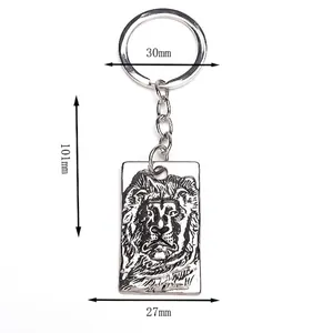 Sliver lion head pendant keychain in polished metal with 101mm total length and 30mm ring