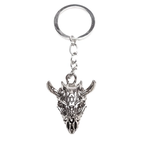 Retro bull skull keychain with hexagram carving in vintage silver finish on white background
