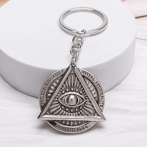 Vintage silver Evil Eye keychain with Freemason symbol and engraved motivational text