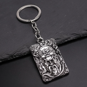 Vintage Alloy Guan Yu Relief Keychain Retro Silver Chinese Style Dragon Square Plate Pendant Key Ring For Men Car Accessories
