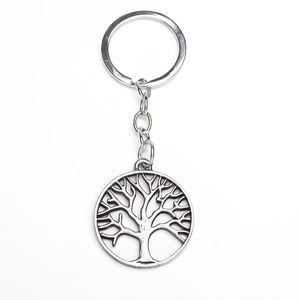 Macro detail of a vintage hollow Tree of Life silver metal keychain for bags