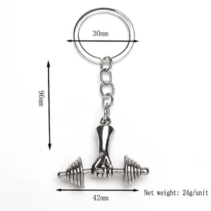Silver fitness keychain featuring dumbbell and fist charm with 96mm total length
